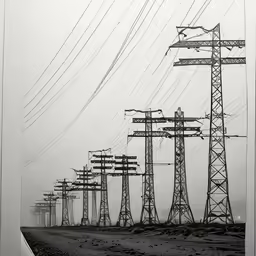 multiple electric pylons in a row on a gloomy day