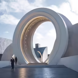 two men are walking past the large circular shaped building