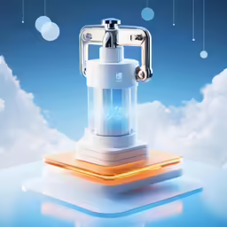 a small glass device sits atop a cloud background