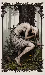 a painting of a woman with her head down on the ground