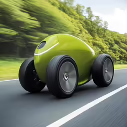 a small green car driving down a rural road