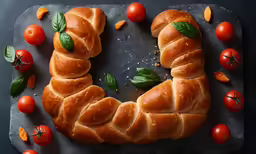 bread shaped like the number four with fresh tomatoes and leaves