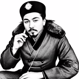 a man in uniform and hat sits with his chin on one arm