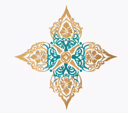 an ornate design on a white wall,an ornate golden and blue pattern on white