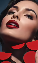 a woman with red lips holds two circles of cardboard