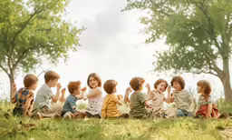 there are many children sitting on the grass together
