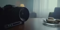 a camera and plate of food on a table