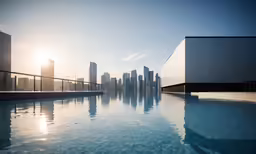a big long pool with some sun reflecting on the water