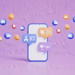 two cellphones with icons and hearts floating around
