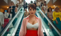 the woman is riding down the escalator at the mall