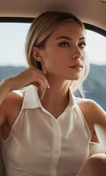 a beautiful woman in a white dress is sitting in the backseat of a car