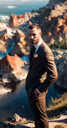 a man in a brown suit stands on top of a mountain