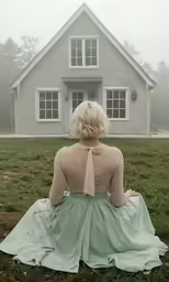 a blonde woman wearing a pale dress sits on the grass looking at a large house