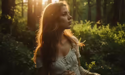 a woman standing in the woods with trees