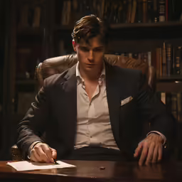 a young man sits at a table writing
