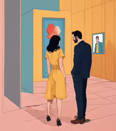 two people are in a corridor looking at a picture,a man and woman standing in an empty room with the doorways open