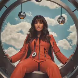 a woman in orange sits on a circle of concrete