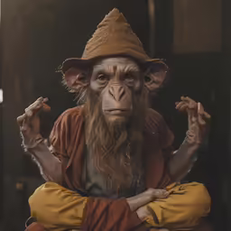 a monkey with long, hairy hair and a hat is sitting