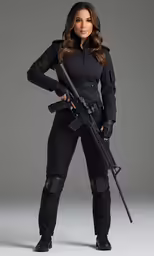 a woman with an automatic rifle and helmet standing on gray