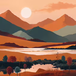 this is a painting with mountains and a lake,a painting showing mountains in orange hues