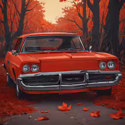 a red car that is parked in the woods,an orange classic car is parked by some trees