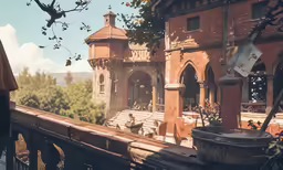 an artistic image of a castle sitting next to a forest