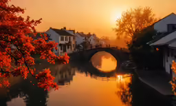 a photo of a river that has a bridge over it