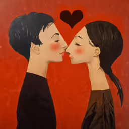 painting of two women with a red heart above their heads