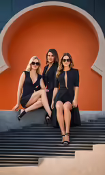 three pretty young ladies sitting down on the steps together