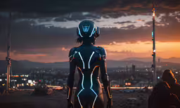 a woman dressed as a sci - fi fi in the sunset,two people wearing futuristic clothing while looking over a city