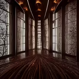 an abstractly decorated room with large windows and wood floors
