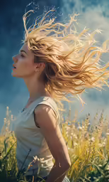 young woman with a very long hair running through a field