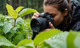 woman holding up camera looking at plants