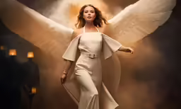 a beautiful woman wearing a white dress and angel wings