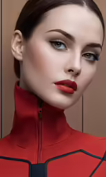 a woman in red and black outfit, with black accessories