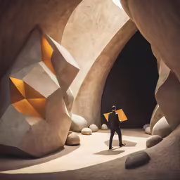 a man in black with yellow accents stands among large rocks