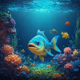 a very nice fish on a big aquarium,a blue fish is swimming near corals and seaweed