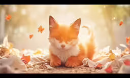 a small kitten is surrounded by butterflies