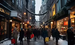 people walking down an alley near businesses during the winter
