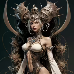 a woman with weird jewelry, wearing an elaborate outfit