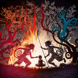 a man and a woman in front of some fire with an axe