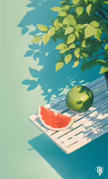 an apple and watermelon on a bench