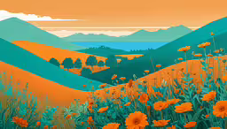 an oil painting shows a mountain landscape with flowers in the foreground,an abstract image with many colors of green, blue and orange flowers and mountains in the background