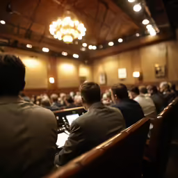 people in a room with chairs looking at the speaker