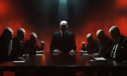 a group of men sitting around a table with papers