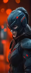 a woman wearing headphones and a black suit