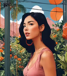 a woman in a pink shirt standing next to some flowers and bushes,a woman wearing large earrings and looking up into the sky