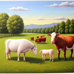 two sheep and a cow are grazing in a field,a group of animals that are standing in the grass