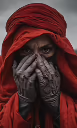a woman in a red and black scarf covering her face