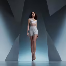 woman with short skirt on catwalk, posing for fashion shoot